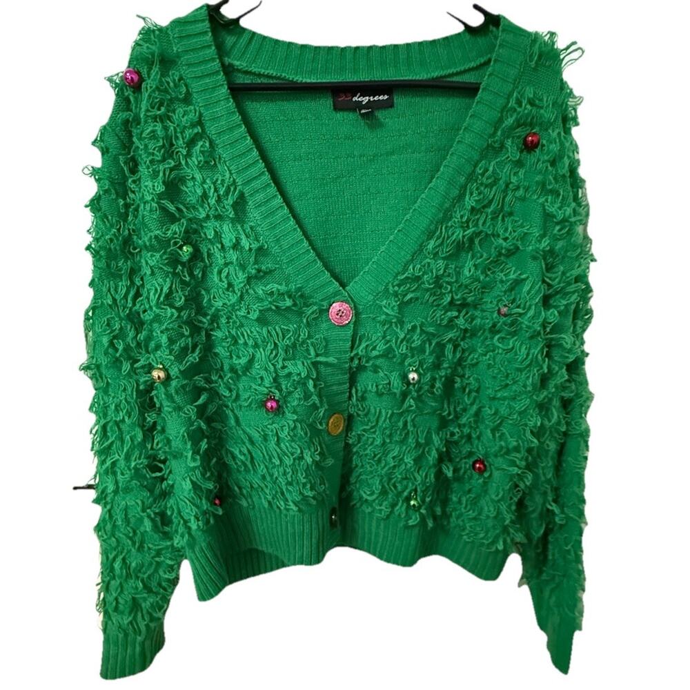 33 DEGREES Women’s Green Loop Cardigan Sweater Colorful Buttons Christmas XL